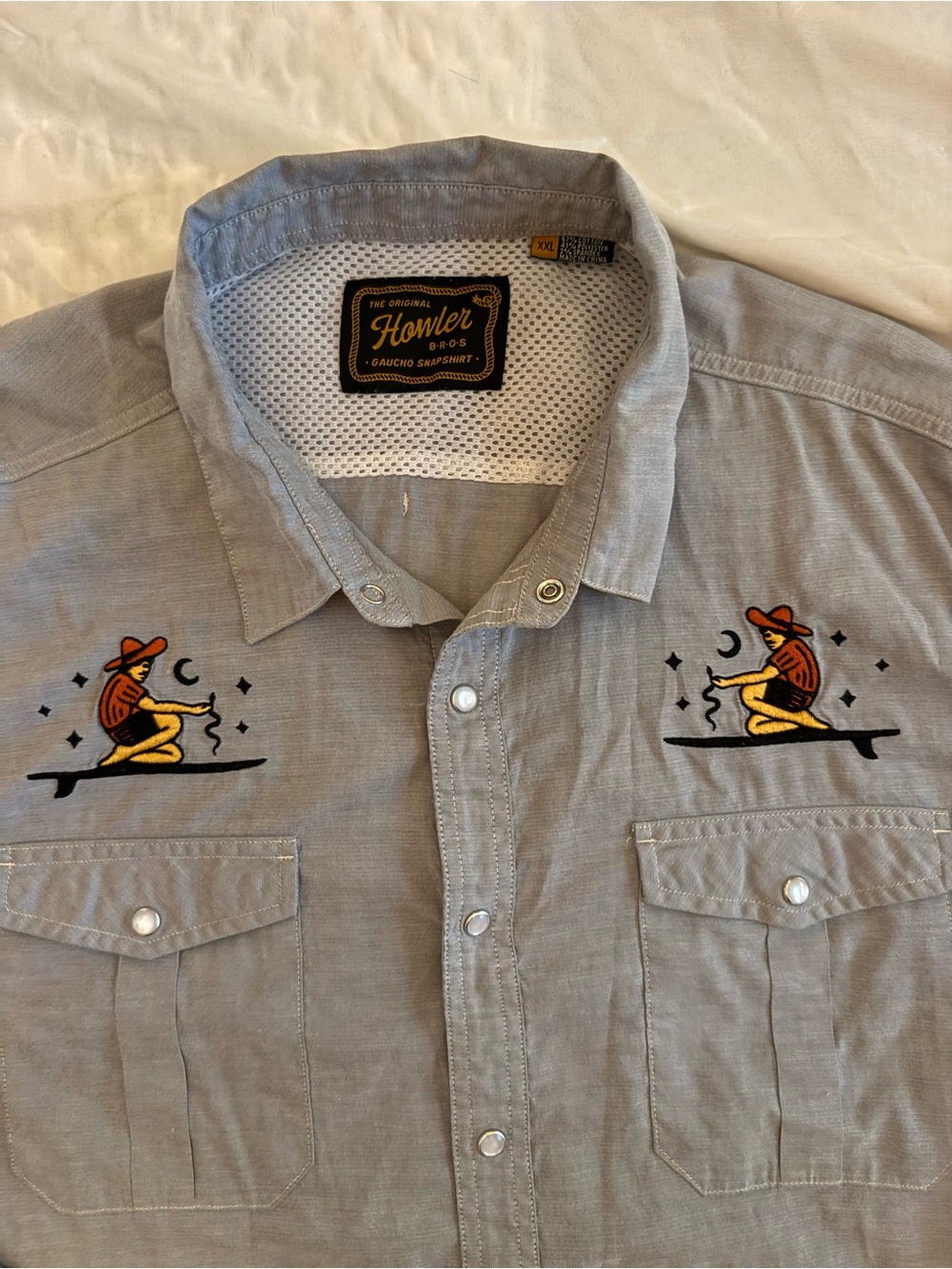 Howler Brothers Men's Gray Button-Up Shirt with Embroidered Cowboy Motif